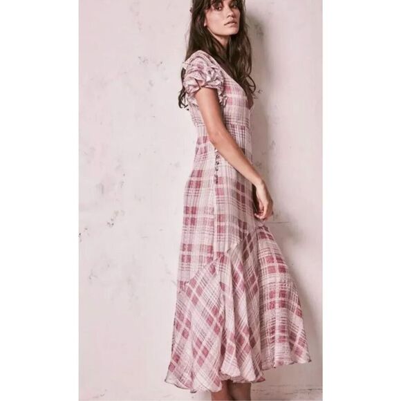 NWT Love Shack Fancy x  Free People Silk Sloane Blush Plaid Silk Maxi Dress XS - Picture 2 of 13
